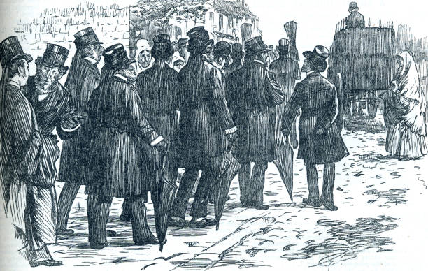 Funeral procession with horsedrawn carriage in 19th century A long funeral procession following a horse drawn carriage with coffin. Wearing black mourning suits funeral procession stock illustrations