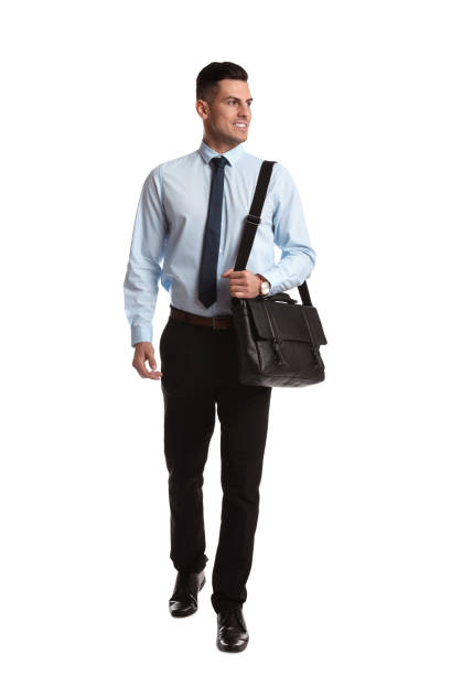 istock Businessman with stylish leather briefcase on white background 1437982467