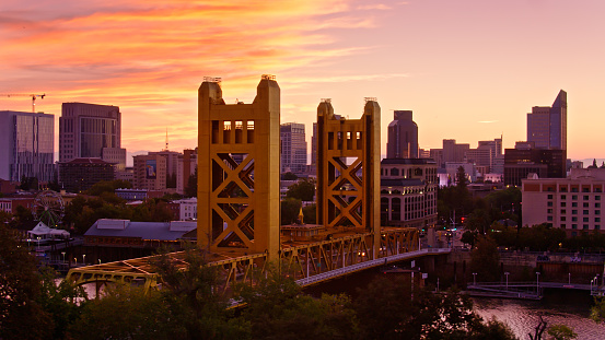 Aerial shot of Sacramento, California at sunrise in autumn. Sacramento is the state capitol of California.\n\nAuthorization was obtained from the FAA for this operation in restricted airspace.