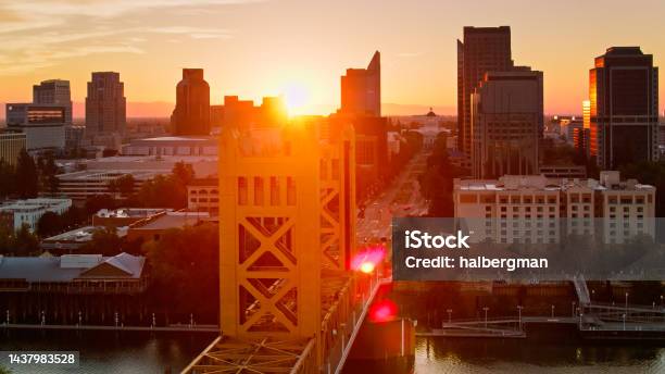 Aerial Shot Of Government And Office Buildings In Downtown Sacramento At Sunrise Stock Photo - Download Image Now