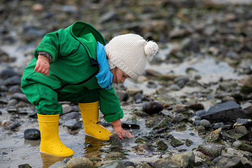 Little adorable Toddler playing with sand and water at the seashore. She is wearing rubber boots, jumpsuit and a hat. Is a cold day outside