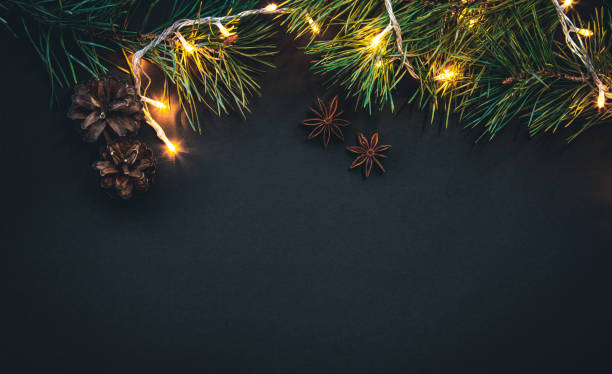 istock Christmas background with Christmas tree branches and garland, flat lay. 1437985712