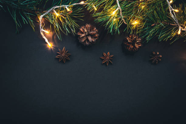 istock Christmas background with Christmas tree branches and garland, flat lay. 1437985713