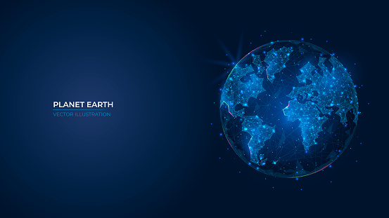 Futuristic abstract symbol blue planet earth. Concept blue glowing earth day, saving the planet, ecology. Low poly 3d wallpaper background vector illustration.