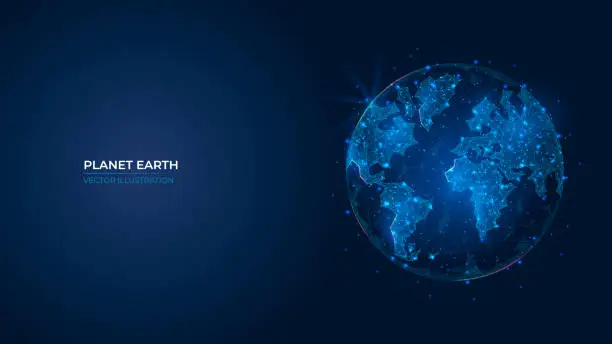 Vector illustration of Futuristic abstract symbol blue planet earth. Concept blue glowing earth day, saving the planet, ecology. Low poly geometric 3d wallpaper background vector illustration.