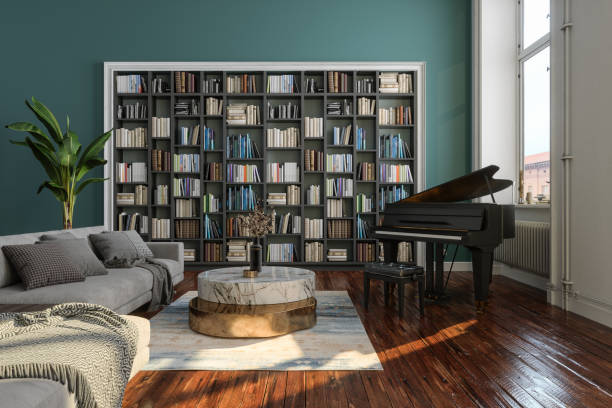Living Room Interior With Grand Piano, Corner Sofa, Marble Coffee Table And Bookshelf Living Room Interior With Grand Piano, Corner Sofa, Marble Coffee Table And Bookshelf expensive grand piano stock pictures, royalty-free photos & images
