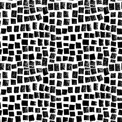 Charcoal vector squares seamless pattern. Hand drawn mosaic motif with rectangular shapes. Black and white texture with rough squares. Repeating geometric tiles. Brush spots, geometric polka dots.