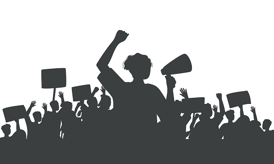 Silhouette of protesting man with loudspeaker and crowd of people with raised hands and banners. Peaceful protest for human rights.Demonstration, rally, strike, revolution.Isolated vector illustration