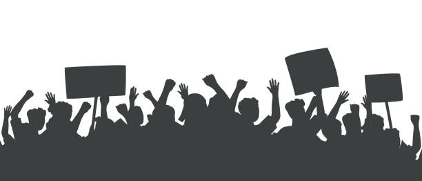 ilustrações de stock, clip art, desenhos animados e ícones de silhouette of crowd of people with raised hands and banners. fans on sports game, concert - crowd community large group of people protest