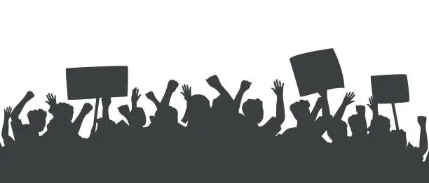 Vector illustration of Silhouette of crowd of people with raised hands and banners. Fans on sports game, concert