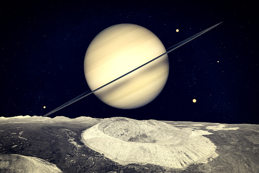 View of Saturn from one of its moons, craters and rock conformations. Exploration around the planet. Solar system. 3d rendering. https://www.solarsystemscope.com/textures/download/8k_saturn.jpg