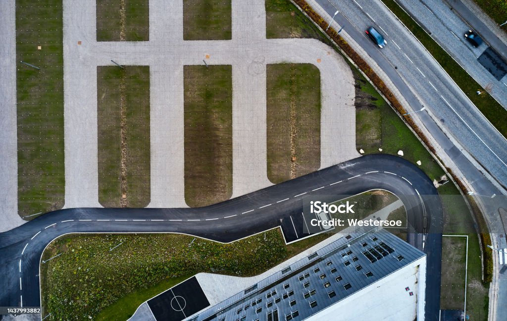 Parking area Aerial view of cityscape, Kolding. Parking near SDU in Kolding city Aerial View Stock Photo