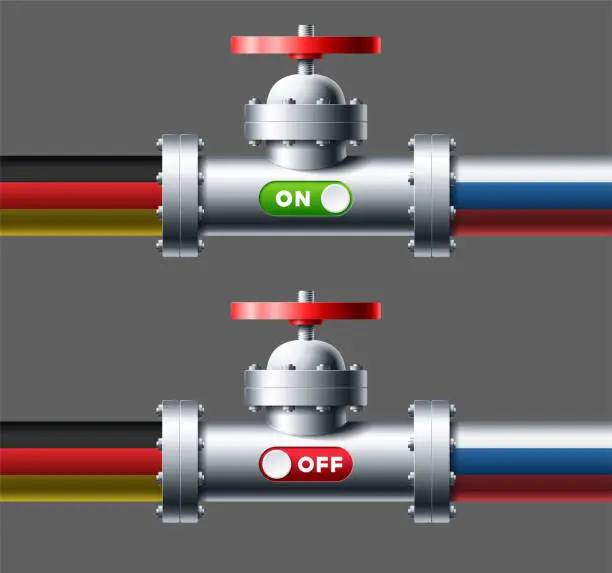 Vector illustration of Set steel pipelines with sliders turn on and turn off and flags Russia and Germany vector illustration