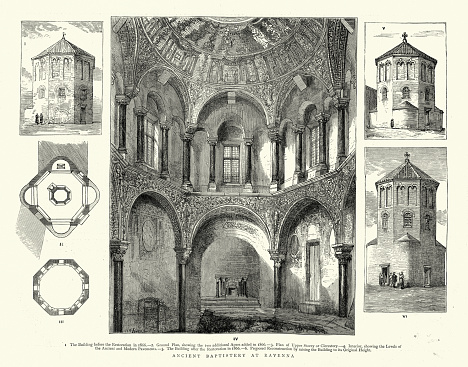 Vintage illustration Baptisterio neoniano, Baptistery of Neon a Roman religious building in Ravenna, north-eastern Italy. Victorian 19th Century, 1870s