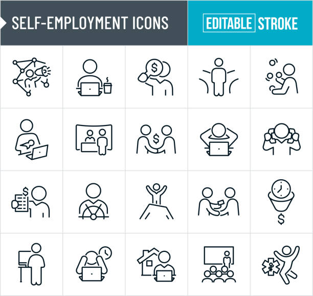 Self-Employment Thin Line Icons - Editable Stroke A set of self-employment icons that include editable strokes or outlines using the EPS vector file. The icons include a small business owner using a bullhorn to shout for new business, self-employed person working on laptop, self-employed person multi-tasking by talking with two phones, small business owner juggling, businessman with magnifying glass looking for funds, worker using social media, business person at cross roads, new mom working at computer, business person at a job fair, worker making money, self-employed person relaxing behind computer with hands behind head, self employed person at helm of ship, worker on top of mountain to represent success, self-employed person giving out business card as a form of networking, time being funneled into a dollar sign, worker at stand up computer desk, overworked business owner on computer, working from home, worker giving presentation, self-employed health benefits and other related icons. small business owner on computer stock illustrations