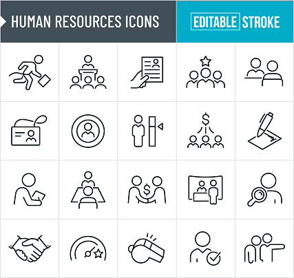 A set of human resources icons that include editable strokes or outlines using the EPS vector file. The icons include an employee winning a race while holding a briefcase, HR manager speaking to group of employees, HR manager, new hire, job candidate, job interview, employee name badge, target job candidate, employee skills, employee, presentation, resume,  payroll, contract, hiring, job fair, job candidate search, whistle, employee search, handshake, and a person being fired just to name a few.