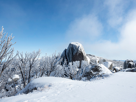 Mount Buffalo granite rock formation with snow