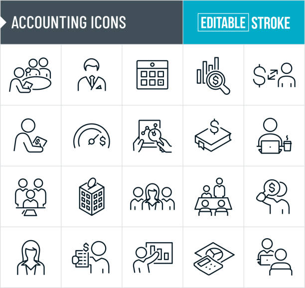 accounting thin line icons - bearbeitbarer strich - tax tax form financial advisor calculator stock-grafiken, -clipart, -cartoons und -symbole