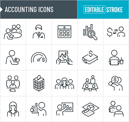 A set of accounting icons that include editable strokes or outlines using the EPS vector file. The icons include accountants, accountant meeting with couple to do taxes, accountant meeting with client, accountant holding a calculator, financial graph, accountant doing paper, work, tax code, accountant working on laptop, accountant sitting in a boardroom with clients, male accountant, female accountant, calendar, financial goal, profits, losses, business capital, accountant giving financial presentation, calculator and other related icons.