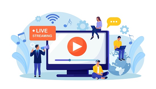 Live streaming, broadcast vlog. Video streaming podcast. Tiny people watch live stream in social networks and sharing online video. Business working process