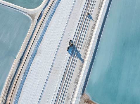 Aerial photo taken from a small plane showing a patchwork quilt of the salt works below at Useless Loop, Shark Bay, Western Australia