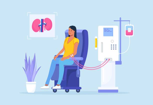 Hemodialysis equipment for treatment renal diseases failure. Cleansing and transfusion of blood through dialysis machine. Patient sitting in chair and getting kidney disease treatment vector art illustration