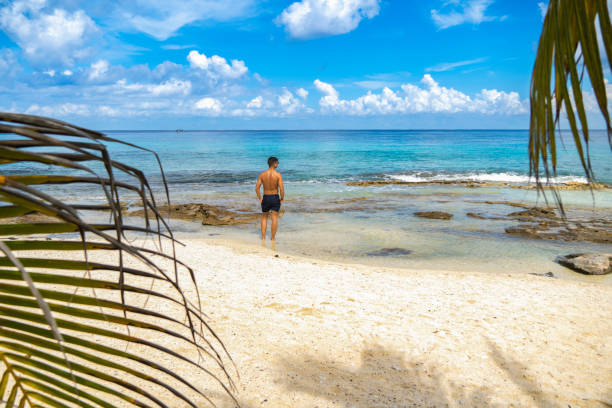 istock Man on his back looking at the sea. Tropical landscape. 1437998756
