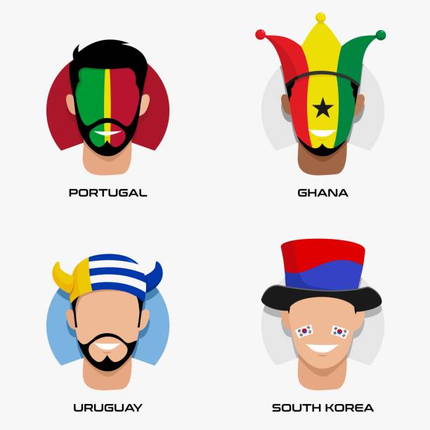 축구 팬들의 컬렉션의 벡터 디자인 삽화는 포르투갈, 가나, 우루과이, 한국 국기와 함께 h조의 모자를 쓰고 웃고 있다. - portugal ghana stock illustrations