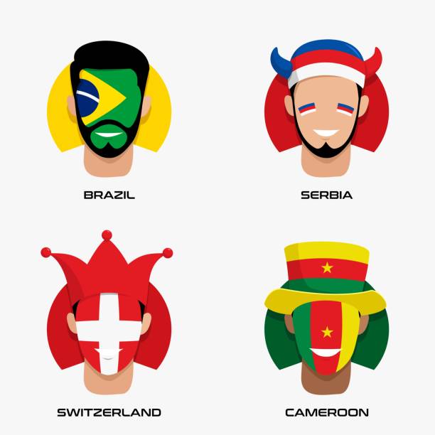 축구 팬들의 컬렉션의 벡터 디자인 삽화는 그룹 g의 모자에 브라질, 세르비아, 스위스, 카메룬 국기와 함께 얼굴을 웃고 있습니다. - brazil serbia stock illustrations