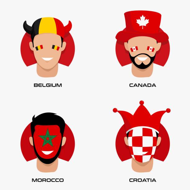 stockillustraties, clipart, cartoons en iconen met vector design illustration of collection of football fans smile faces with belgium, canada, morocco, croatia flag on caps for group f. - morocco brazil