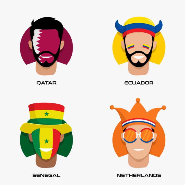 ilustracja vector design przedstawiająca uśmiechnięte twarze fanów piłki nożnej z flagą kataru, ekwadoru, senegalu, holandii na czapkach dla grupy a. - england senegal stock illustrations