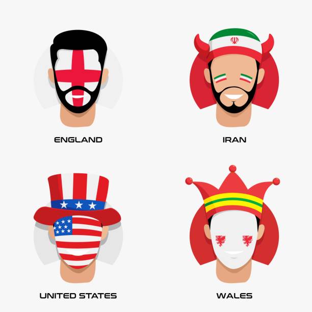 vector design illustration of collection of football fans smile faces with england, iran, usa, wales flag on caps for group b. - iran wales stock illustrations