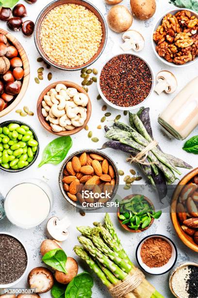Vegan Protein Full Set Of Plant Based Vegetarian Food Sources Healthy Eating Diet Ingredients Legumes Beans Lentils Nuts Soy And Almond Milk Tofu Mushrooms Quinoa Chia Vegetables Spinach Seeds And Sprouts Top View Stock Photo - Download Image Now