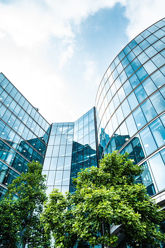 Business towers and Green leaves, London