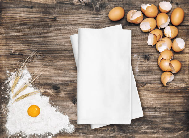 mockup tea towel. flour eggs. foog ingredients for dough - pano da cozinha imagens e fotografias de stock