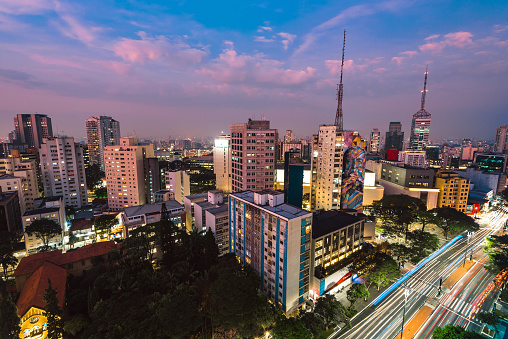 Sao Paulo, Brazil - July 27, 2022: Night time skyline view of Sao Paulo city near the Paulista Avenue.