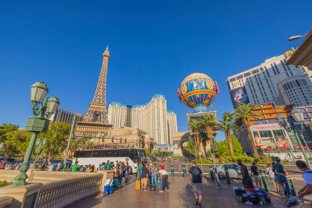 beautiful view of hotel buildings on blue sky background. - las vegas metropolitan area hotel built structure tourist resort imagens e fotografias de stock