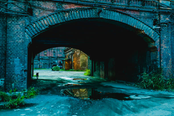 Scary place. Abandoned buiding. Gothic background. Post apocalyptic landscape. Industrial background. Horror. Destruction. Old abandoned factory.