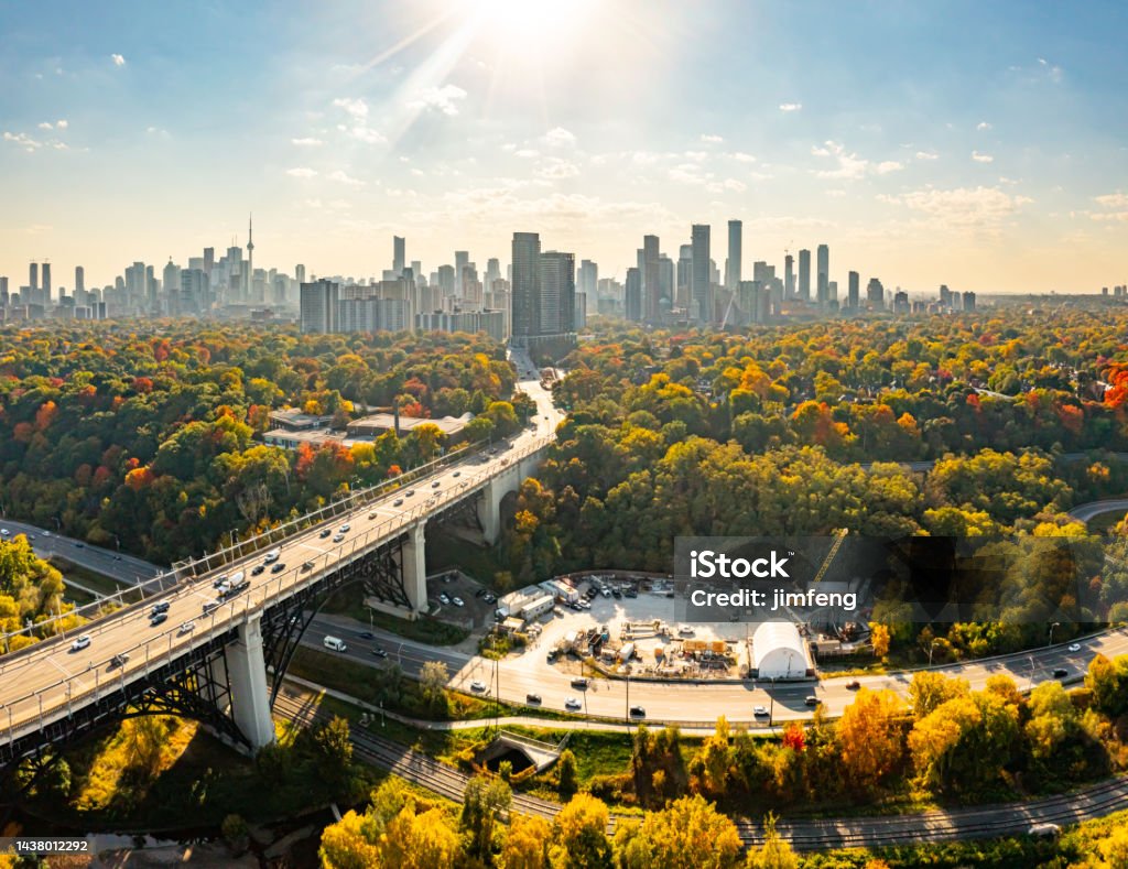 Aerial Bayview Ave. and Rosedale in Autumn, Toronto, Canada Don Valley Park and Lower Don River Trail, Toronto, Canada. City Stock Photo