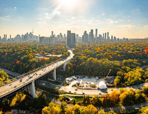 Aerial Bayview Ave. and Rosedale in Autumn, Toronto, Canada Don Valley Park and Lower Don River Trail, Toronto, Canada. canada stock pictures, royalty-free photos & images