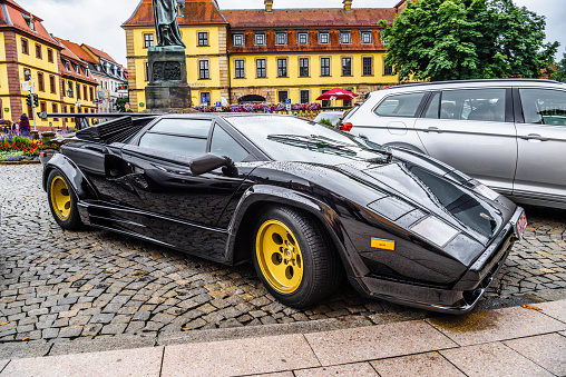 Fulda, Germany - 13 July 2019: black Lamborghini Countach is a rear mid-engine, rear-wheel-drive sports car