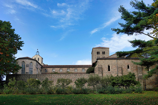 New York, NY - August 2022:  The Met Cloisters, a branch of the Metropolitan Museum of Art at the top of a hill in a park on the northern tip of Manhattan, built to look like a medieval monastery