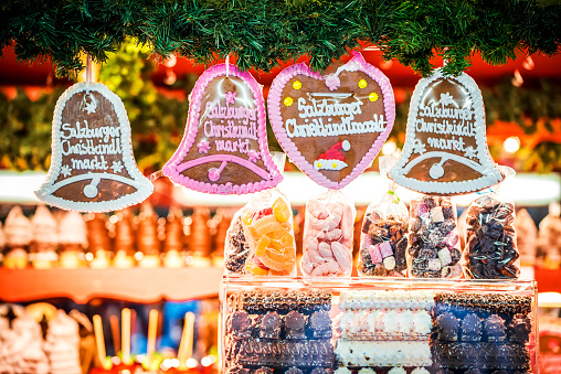 Salzburg, Austria. Christmas gingerbread and sweets at Christkindlmarkt X-mas fair, Salzburger Advent.