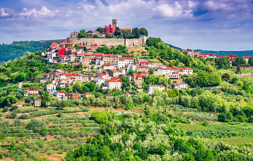 Motovun, Croatia. Picturesque historic Town of Motovun on idyllic green hill, travel destination inland Istria region of Croatia.