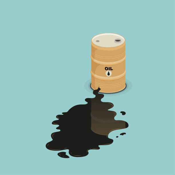 beczka ropy leży w rozlanej kałuży ropy naftowej. - spilling stock illustrations