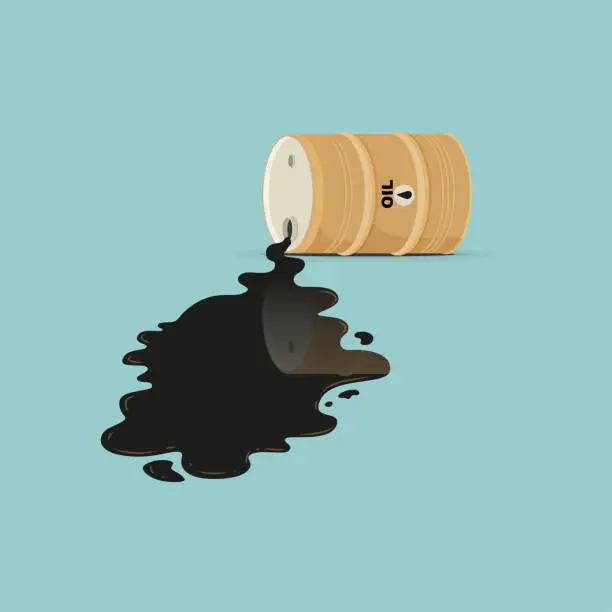 Vector illustration of Oil barrel is lying in spilled puddle of crude oil.