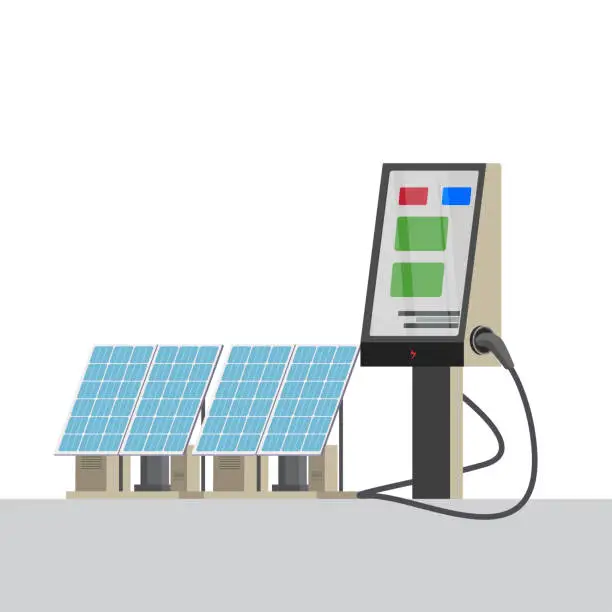Vector illustration of Electric car charging on renewable solar wind charger station with many charging stalls.