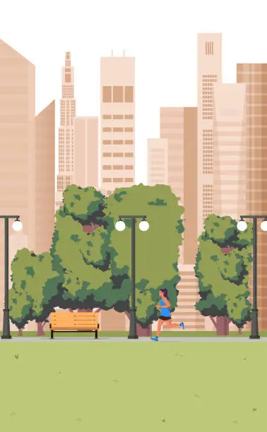 Vector illustration of City park bench, big green oak with skyscrapers,young female runner running across the city park.