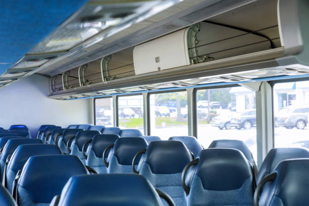 istock Bus interior with comfortable seat without people 1438018864