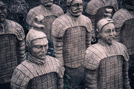 Fossil Warriors of terracotta Army. Ancient archaeological excavations.